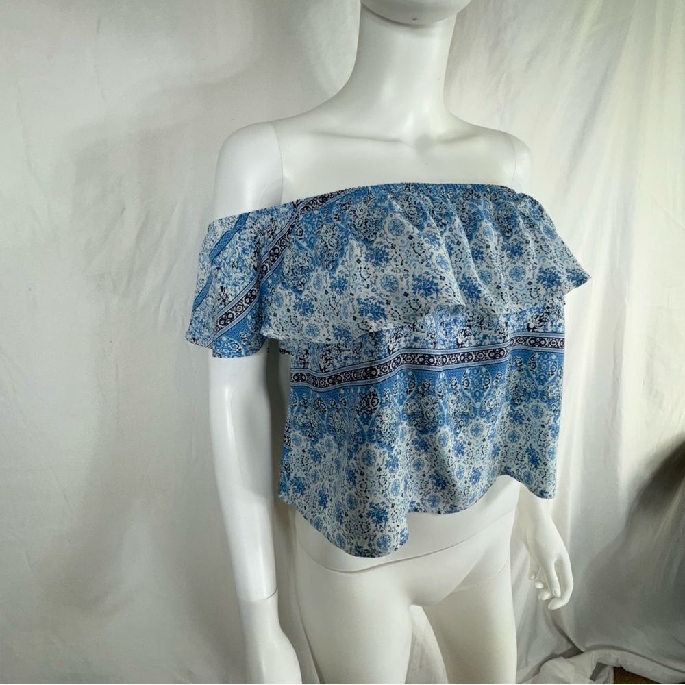 Rue 21 Blue Bandana Print Ruffled Off Shoulder Blouse - Picture 2 of 5